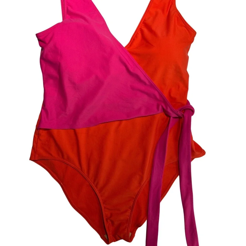 Summersalt The Perfect Wrap One-Piece Swimsuit Hibiscus Fuchsia Colorblock Sz 14